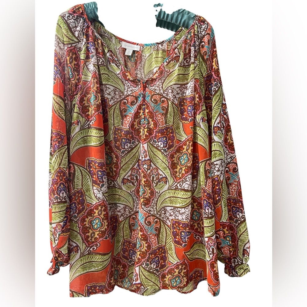 CHARTER CLUB Multi color Orange Green Floral Leaf Blouse sz XL